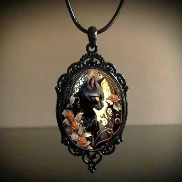 Necklace 3D Cat Black Pendant Dome Beveled PU Leather Gothic Rave Scene FIligree - Picture 1 of 2